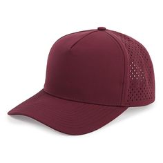 a maroon cap with perfored details on the front and side, sitting against a white background