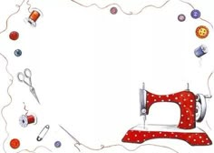 a sewing machine with red and white polka dots on it, surrounded by other sewing supplies