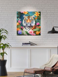 a tiger sitting in the middle of a living room with flowers on it's chest