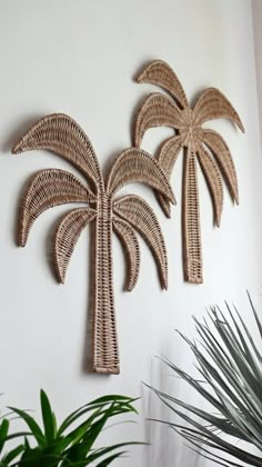 two palm trees made out of wicker hanging on a wall next to a potted plant