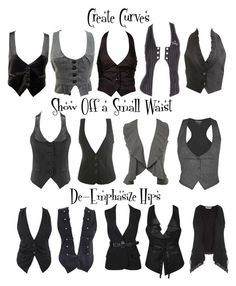 the different types of vests are shown in black and grey colors, including one with buttons