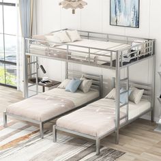 a bunk bed with two mattresses and a rug on the floor next to it