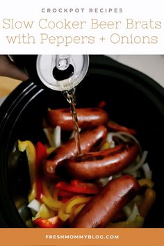 slow cooker beer brats with peppers and onions in the crockpot recipe