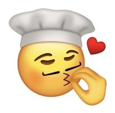 an emoticive smiley face with a chef's hat on and a red heart