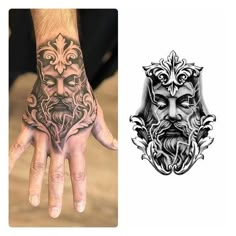 two hand tattoos, one with an image of a man's face on it