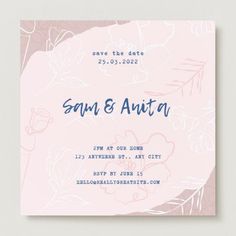 save the date card with pink and blue flowers