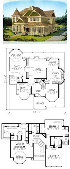 two story house plans with an open floor plan for the first and second floors,