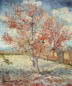 a painting of a tree with pink flowers in the foreground and blue sky behind it