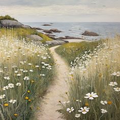 a painting of a path leading to the ocean with wildflowers on either side