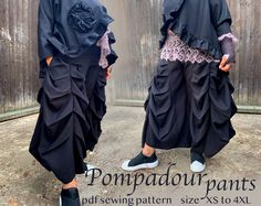 two women wearing black pants with ruffles on them