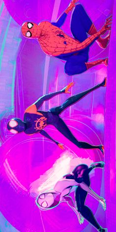 spider - man into the spider verse is shown in an animated style with pink and blue colors