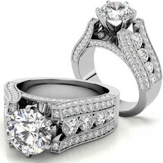 two wedding rings with diamonds on top and one diamond in the middle, sitting next to each other