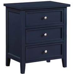 a blue nightstand with three drawers and two doors on the bottom drawer, in front of a white background