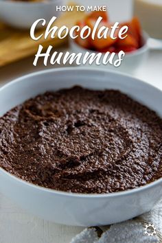 chocolate hummus in a white bowl on a table