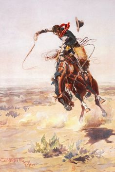 a painting of a man riding on the back of a brown horse in the desert