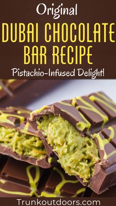 chocolate bar with pistachio - infused delight on top and the title overlay reads original dubai chocolate bar recipe