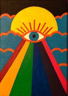 an eye is shown in the middle of a painting with clouds and sun above it