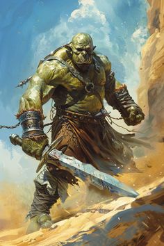 A tall and powerful orc carrying a sword in the heat of the dry and dusty desert. Desert Orc, Desert Dnd, Fantasy Book Series, Anatomy Sketches, Sci Fi Horror, Game Characters, Mythological Creatures, Fantasy Artist