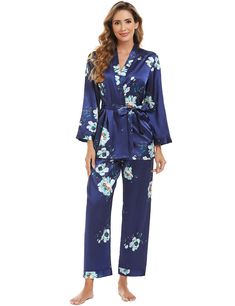 PRICES MAY VARY. 3 piece pajamas included: a cami,long sleeve robe with belt and long pants women satin pajama set with soft and smooth silky feel fabric,will keep you easeful while sleeping at night, that's ultra smooth against the skin so you can enjoy superior comfort. The unique dragon floral printing makes this silk pajamas look very luxurious and sexy Gift:The satin pj set is a perfect gift choice for your girlfriend,wife,mother,sisters or friends on birthday,Christmas Day,New Year,Valenti Long Sleeve Robe For Pajama Party In Spring, Satin Pajamas Set, Satin Pj Set, Satin Pajama, Floral Printing, Women's Sleepwear, Satin Pyjama Set, Satin Pajamas, Silk Pajamas