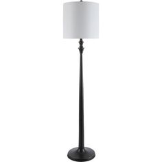 a black floor lamp with a white shade