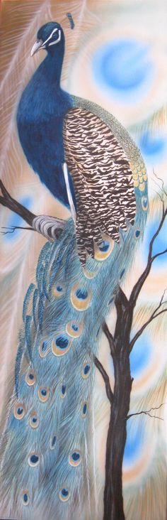 a painting of a peacock sitting on top of a tree