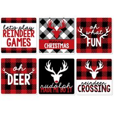 four red and black plaid christmas coasters with deer heads, reindeer antelope, reindeer