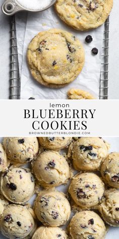 lemon blueberry cookies on a baking sheet with the title