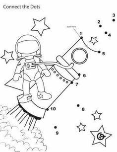 connect the dots space theme with an astronaut on a rocket and stars in the background