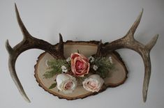 two antlers with flowers in them are mounted on the wall next to a piece of wood