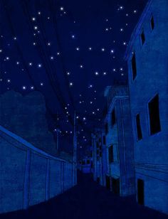 the night sky is lit up with stars above an alleyway in a city at night