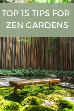 a wooden bench sitting in the middle of a lush green yard with bamboo trees behind it