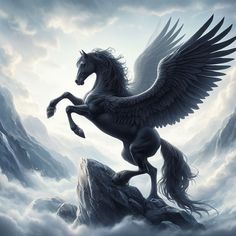 a horse that is standing on its hind legs in the air with wings spread out