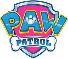 the paw patrol logo is shown in blue and pink with a dog's paw on it