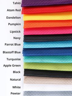 a stack of different colors of mesh fabric on top of each other in various sizes