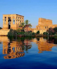 an old building sitting on top of a lake next to palm trees and other vegetation