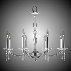 a chrome chandelier with six lights hanging from it's center, on a gray background