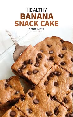 healthy banana snack cake with chocolate chips on top and text overlay that reads, healthy banana snack cake detoxinsta