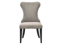 an upholstered chair with black legs and a light gray fabric seat pad on the back