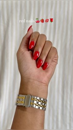 Almond Shape Red Nails Designs, Ruby Red Almond Nails, Red Almond Nails Summer, Nails W Red Dress, Red Colored Nails, Red Nails For Olive Skin Tone, Valentines Nails Almond Shape Red, Red Nail Almond Shape, Almond Red Nails Short