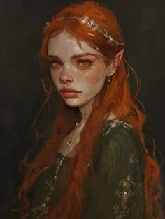 a painting of a red headed woman with long hair and piercings on her head