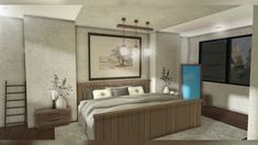 an artist's rendering of a bedroom with a large bed