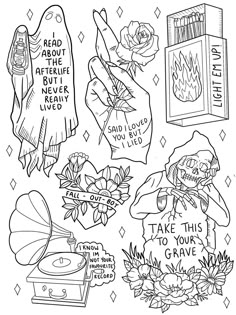 a coloring page with some tattoos and other things to draw on the back of it