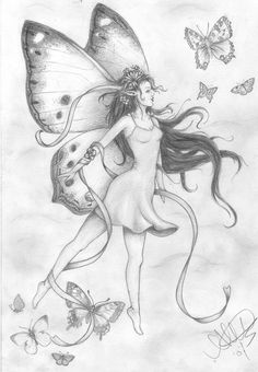 a pencil drawing of a fairy with butterflies