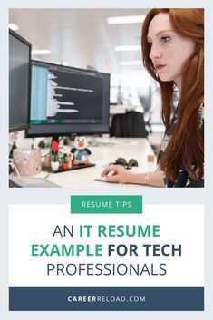 a woman sitting in front of a computer with the title an it resume example for tech professionals