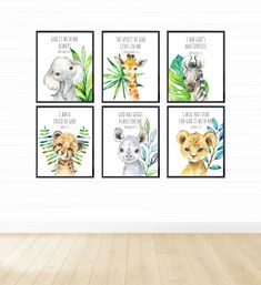 four watercolor paintings with animals and plants in them on the wall above a wooden floor