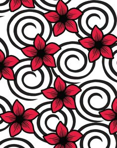 red and black flowers with swirls in the middle on a white background, seamlessly