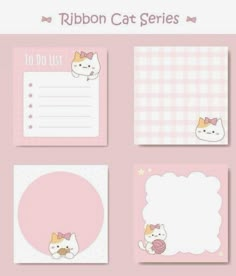 a set of four postcards with cartoon cats on them, one is pink and the other is white