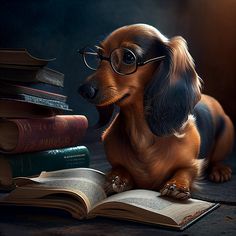 a dachshund dog wearing glasses sitting on top of an open book