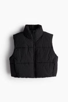 Short puffer vest in quilted  woven fabric. Stand-up collar  zipper at front  and discreet front pockets. Lined. Black Puffer Vest Cropped, Winter Workwear Puffer Vest, Navy Wishlist, Black Vest Puffer, Puffer Vest Cropped, Short Puffer Vest, Gifts Wishlist, Black Puffy Vest, Puffer Vest Jacket