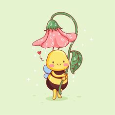 a cartoon character holding a plant with a pink flower on it's head and wearing a bee costume